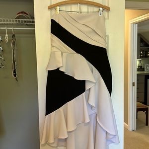 black and white ruffled strapless dress